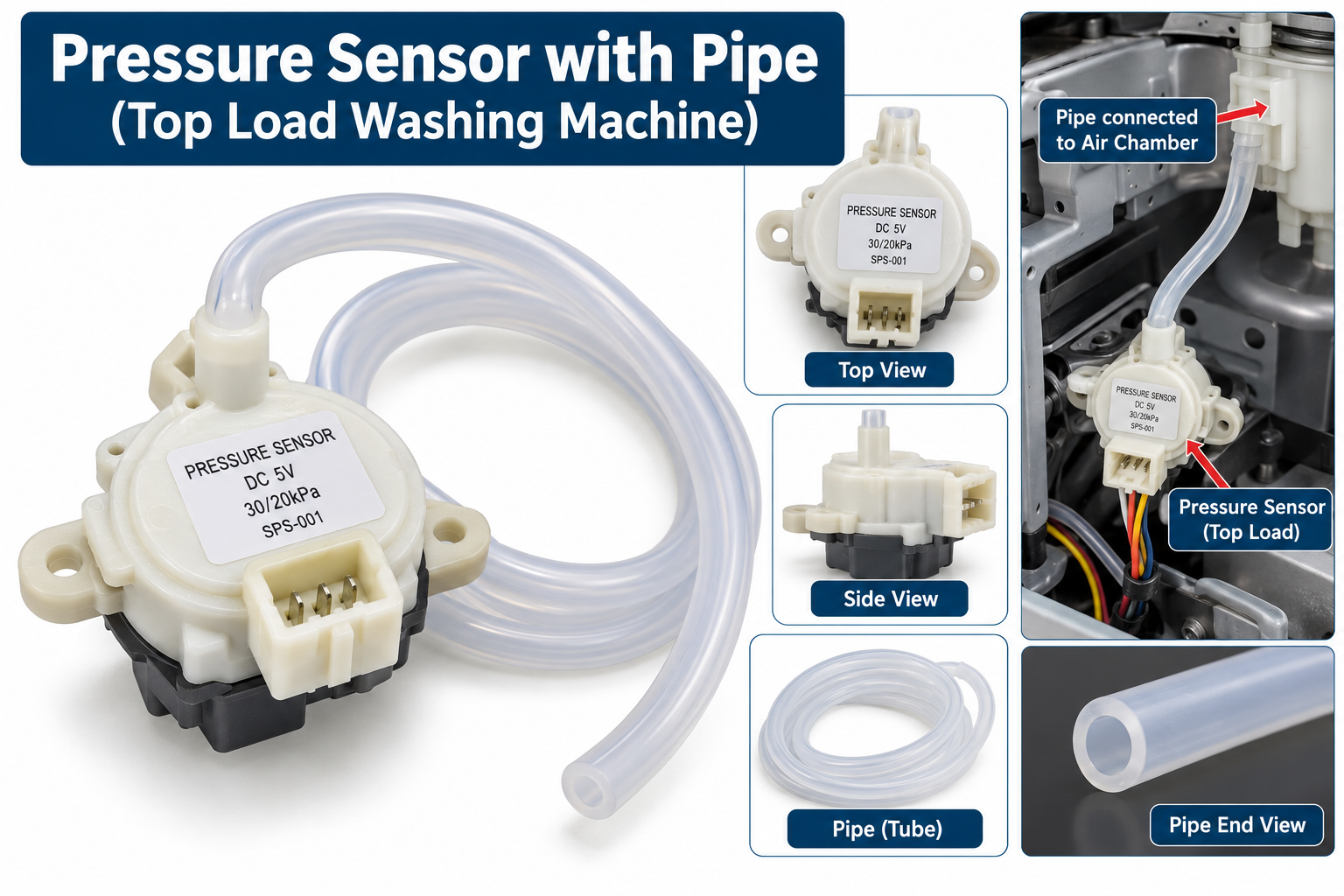 Pressure sensor with pipe Top Load Washing machine